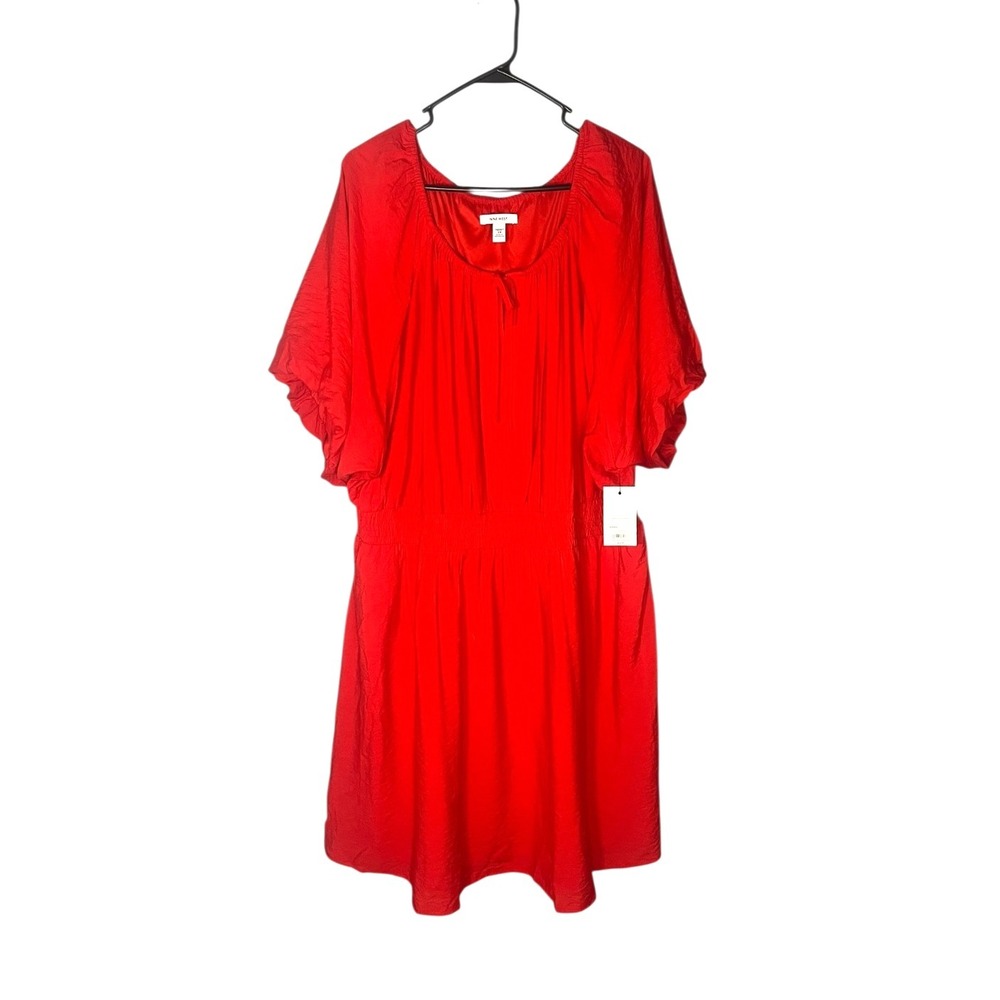 NWT Women's Nine West Tie Neck Puff Sleeve Cinched Mini Dress Red Orange SZ 2X